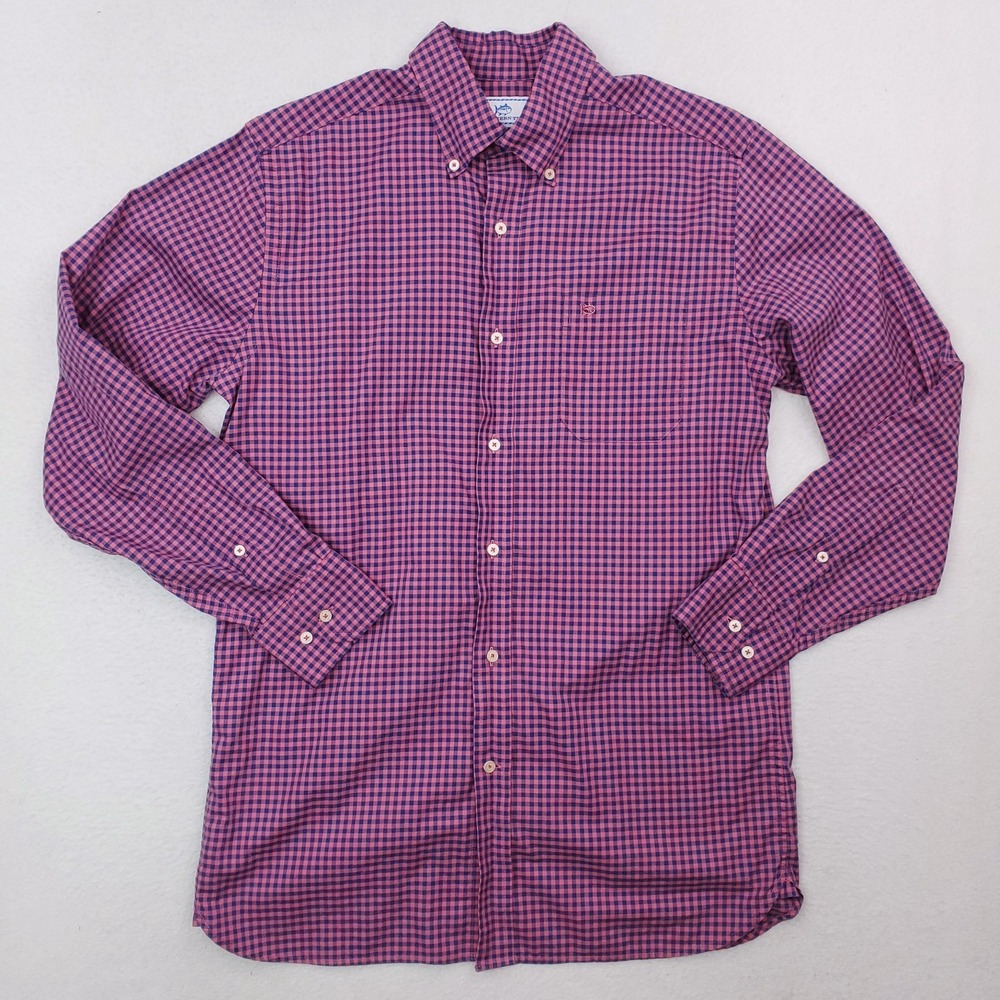Southern Tide Shirt Mens Small Blue Pink Gingham Plaid Button Down Stretch